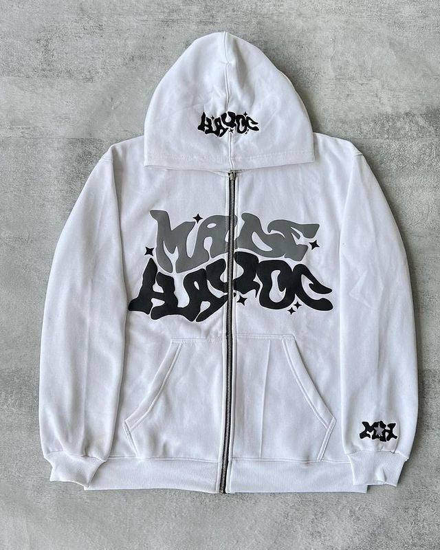 Printed Black Zip Hoodie For Men