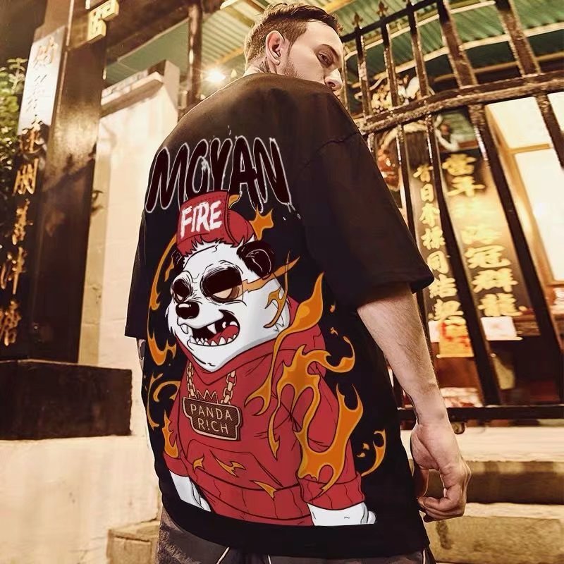 New National Fashion Panda Short Sleeve Men's Fashion Brand Large Chinese Style Loose 5 5 Solid Half Sleeve