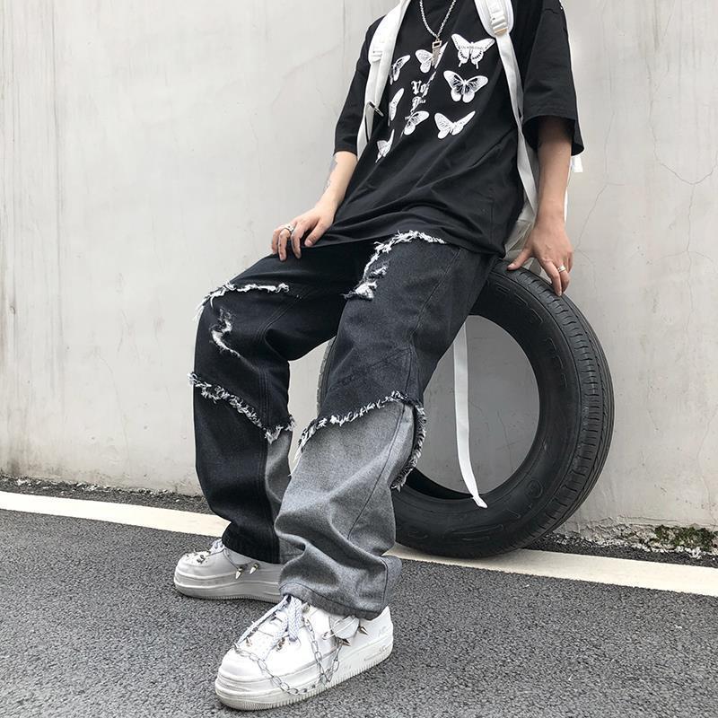 Tassel Denim Pants Trendy Cool Loose Raw Hem Jeans Men's Fashion Brand Ins
