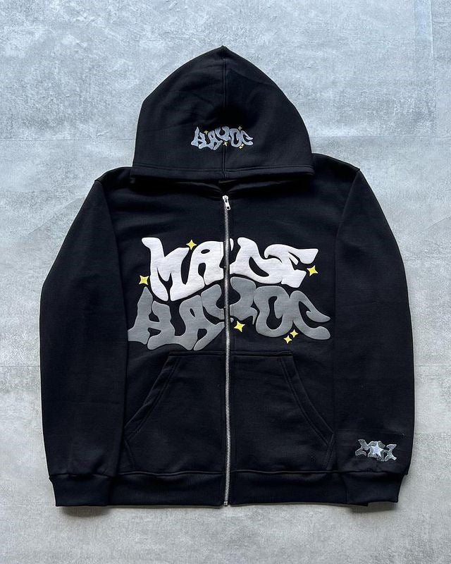 Printed Black Zip Hoodie For Men