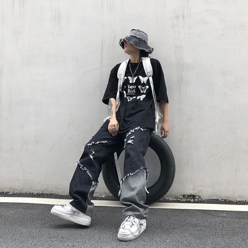 Tassel Denim Pants Trendy Cool Loose Raw Hem Jeans Men's Fashion Brand Ins