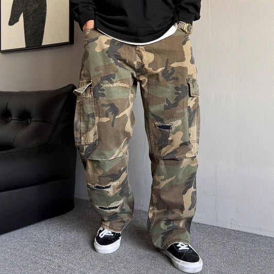 Retro Patchwork Ripped Bootcut Jeans With Large Pockets From A Trendy Streetwear Brand