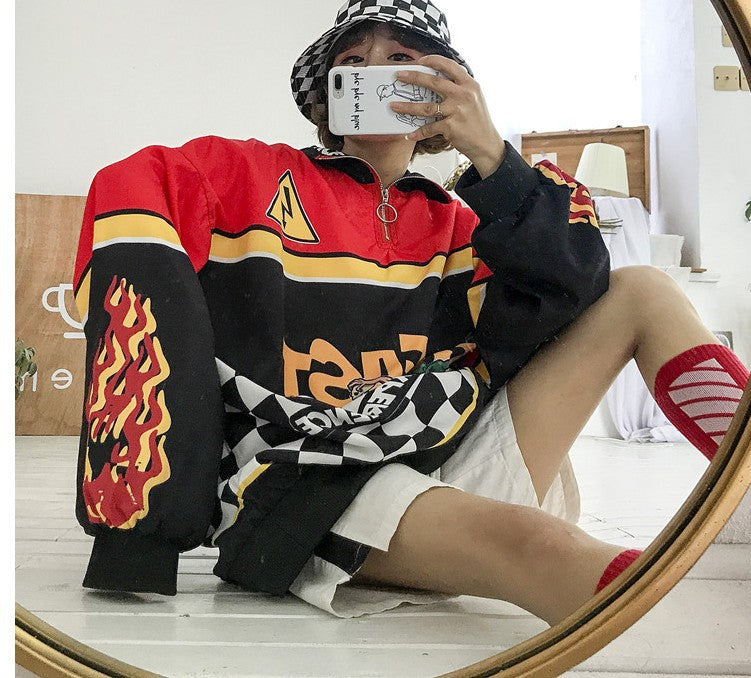 Harajuku BF Style Street Retro Racing Printing Lapel Loose Men And Women Pullover Sweater Coat