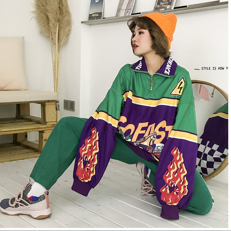 Harajuku BF Style Street Retro Racing Printing Lapel Loose Men And Women Pullover Sweater Coat