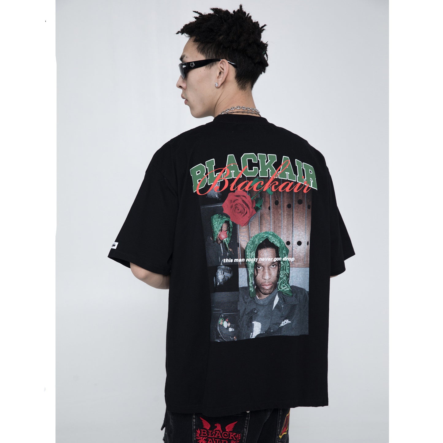 Retro Street Print Rose Rap Hiphop Loose National Tide Round Neck Short-sleeved Mens Tshirt