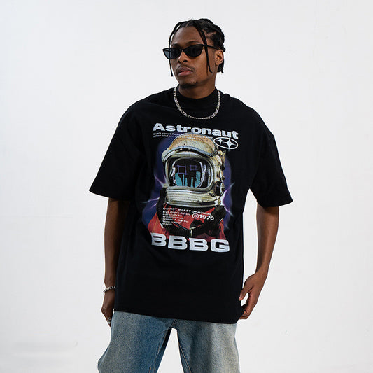 American-style Astronaut Printed Half Turtleneck Drop Shoulder Loose Couple T-shirt