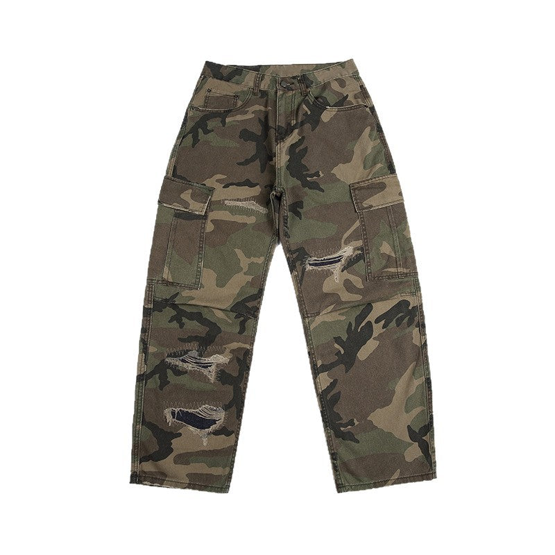 Retro Patchwork Ripped Bootcut Jeans With Large Pockets From A Trendy Streetwear Brand