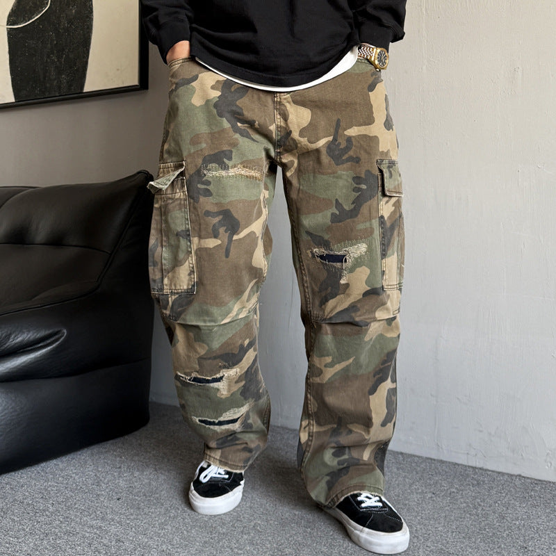 Retro Patchwork Ripped Bootcut Jeans With Large Pockets From A Trendy Streetwear Brand