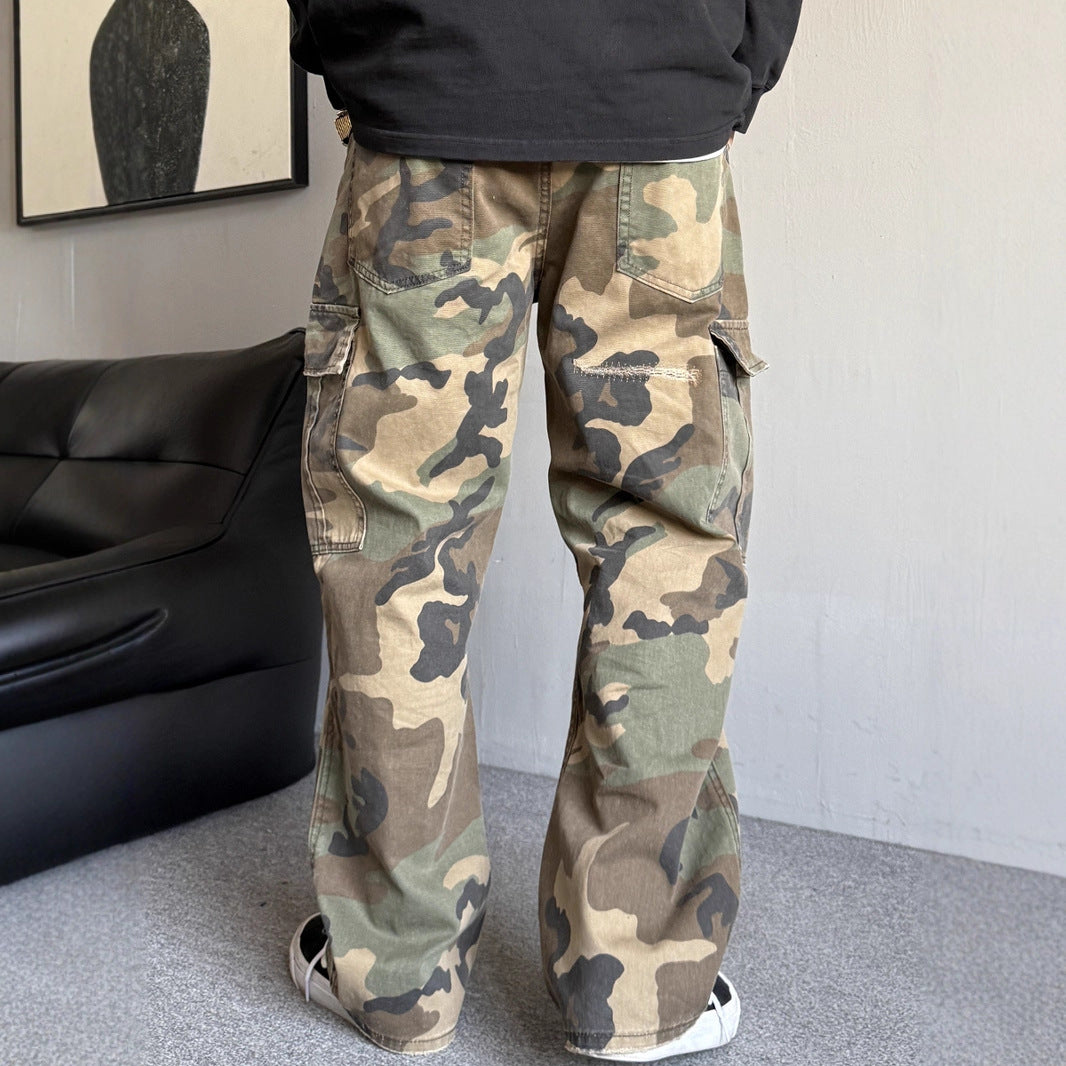 Retro Patchwork Ripped Bootcut Jeans With Large Pockets From A Trendy Streetwear Brand