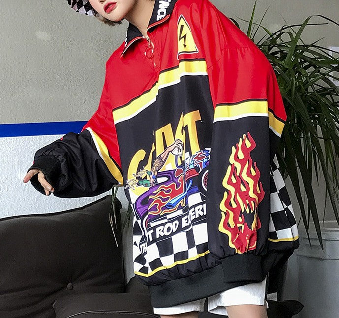 Harajuku BF Style Street Retro Racing Printing Lapel Loose Men And Women Pullover Sweater Coat