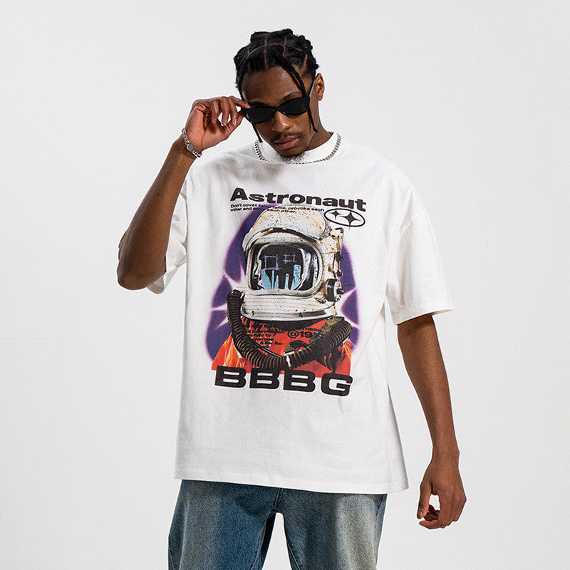 American-style Astronaut Printed Half Turtleneck Drop Shoulder Loose Couple T-shirt