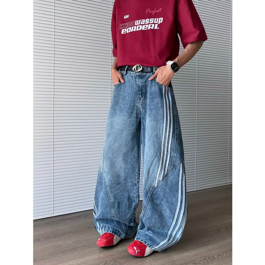 Spring American-style Vintage Washed Deconstructed Bootcut Jeans