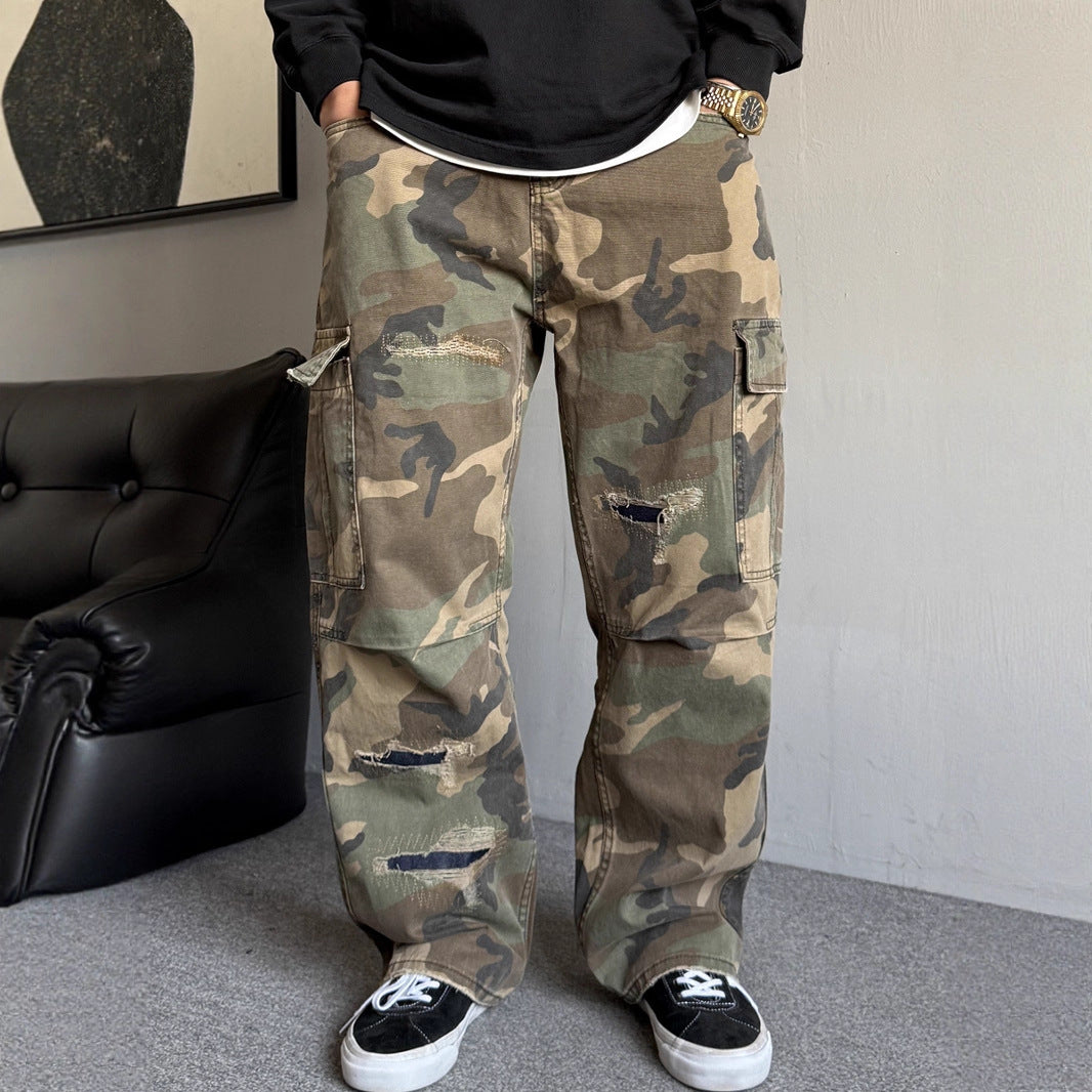 Retro Patchwork Ripped Bootcut Jeans With Large Pockets From A Trendy Streetwear Brand